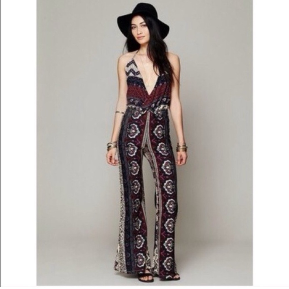 Bohemian Printed Deep-V Jumpsuit in Burgundy